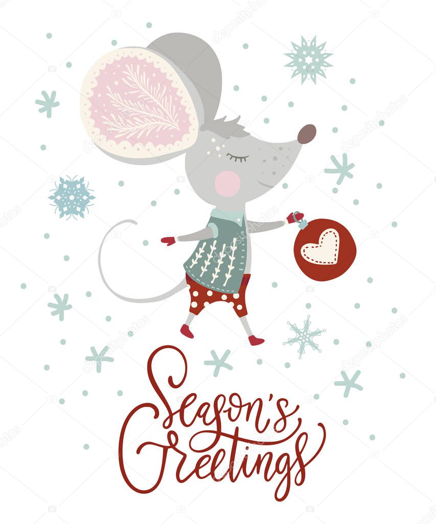 Christmas vector cartoon mouse in a flat style.