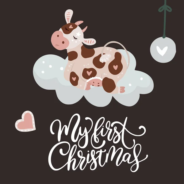 Χριστούγεννα χαριτωμένο κινούμενο σχέδιο αγελάδα διάνυσμα — Διανυσματικό Αρχείο