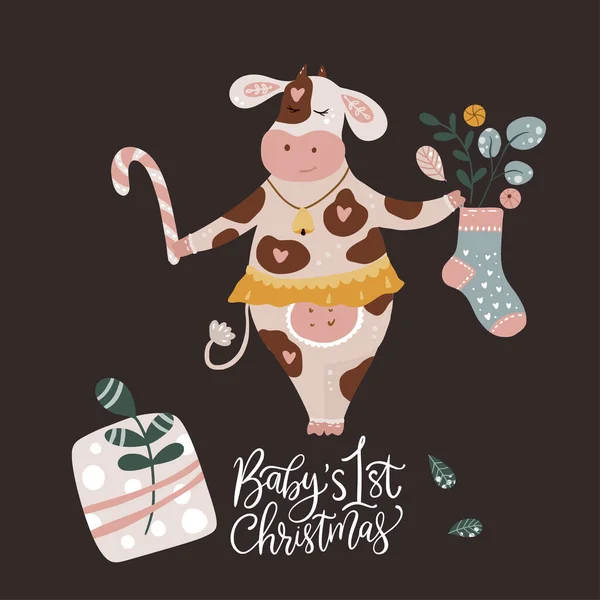 Navidad lindo vector de vaca de dibujos animados — Archivo Imágenes Vectoriales