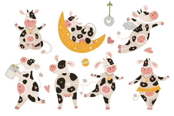 Christmas cow vector clip art set. — Stock Vector