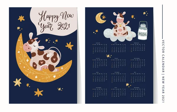 Vector de vaca de Navidad 2021 calendario — Vector de stock