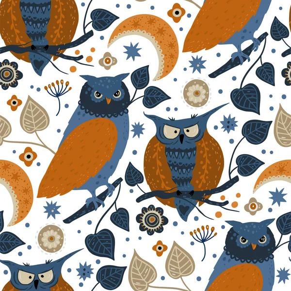 Nordic owl seamless vector pattern. — Stock Vector