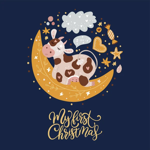 Christmas cute cartoon circle cow — Stock Vector
