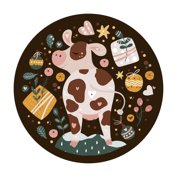 Christmas cow vector card — Stock Vector