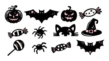 Retro Halloween Vintage Garip Clipart Simge Yazdırma Seti Balkabağı, Kedi, Şeker, Yarasa, Cadı Şapkası ve Örümcek