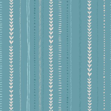 Kusursuz desenli, el yapımı çizgili çizgili ve yumuşak mavi beyaz tonlu botanik motifler.