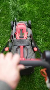 Gardener mowing the lawn with a lawnmower, first-person view