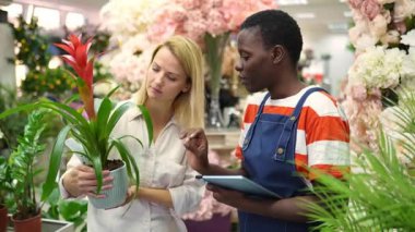 Florist showing information about a plant to a customer on a digital tablet