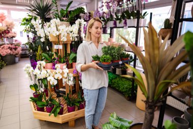 Florist carrying a tray of small plants inside a flower shop, surrounded by orchids and other plants