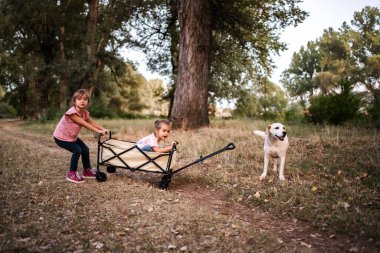 Two little sisters are pulling a wagon in the park, while their dog runs alongside them