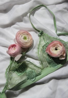 Pembe ranunculus çiçek tomurcukları düz yatay fotoğraf, beyaz arka planda yeşil dantel sütyen, taze çiçekler, yumuşak ev dekorasyonu.