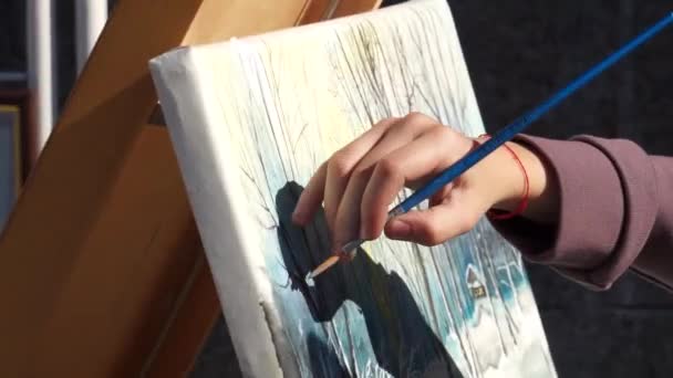 Festival Meydanı Nda Oturan Bir Kız Küçük Bir Sanatçı Çizer — Stok video