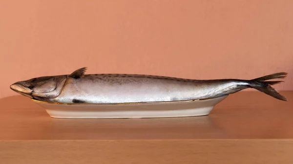 Sea Fish Mackerel Located Cutting Table Elongated Dish — Stock Photo, Image