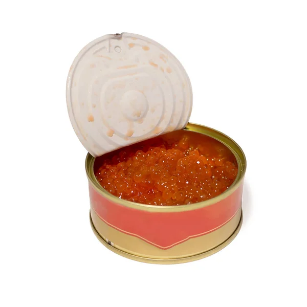 Caviar Vermelho Salmão Uma Lata Metal Aberta Isolado Sobre Fundo — Fotografia de Stock