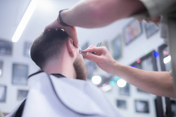 Process Cutting Beard Shaving Dangerous Razor Barbershop — Stock Photo, Image