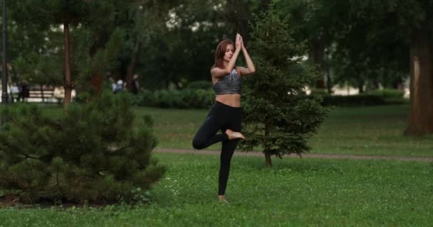 La fille se concentre debout sur une jambe. Yoga. — Video
