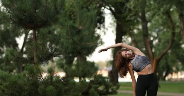 Chica joven haciendo ejercicios físicos en la naturaleza. — Vídeos de Stock