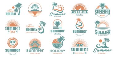 Yaz tatili logosu. Yaz plajı, tatil, seyahat, tropik cennet amblemleri. Vektör illüstrasyonu