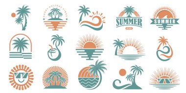 Yaz tatili logosu. Yaz plajı, tatil, seyahat, tropik cennet amblemleri. Vektör illüstrasyonu