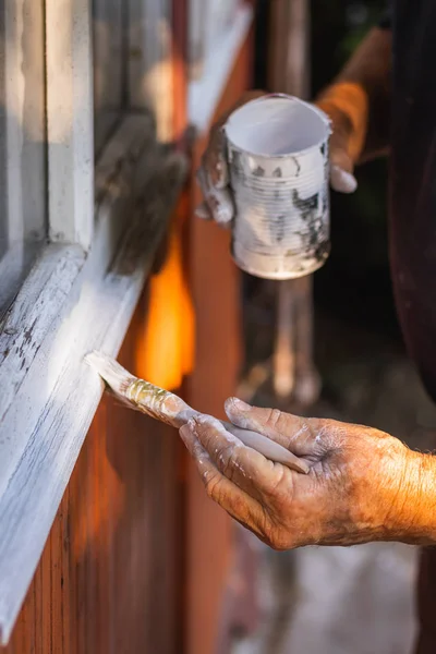 Senior Man Painting Wooden Windows Using Paintbrush Repairing Exterior Old — Stock Photo, Image