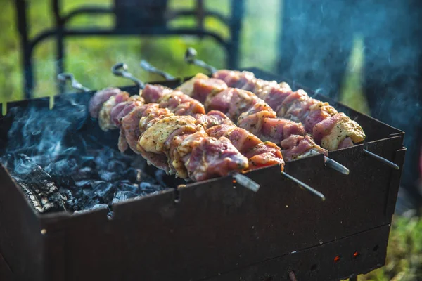 Мясо Огне Закрывай Мягкий Фокус — стоковое фото