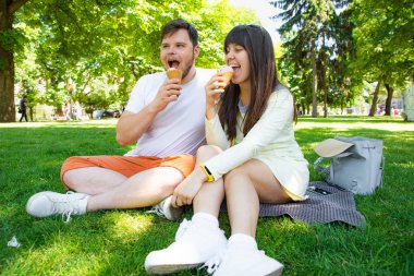 paket üzerinde oturan ve dondurma yemek Şehir Parkı'yaz gün içinde bir çift