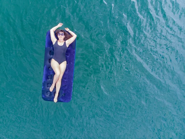 Woman Mattress Azure Water Overhead View Copy Space Summer Time — Stock Photo, Image