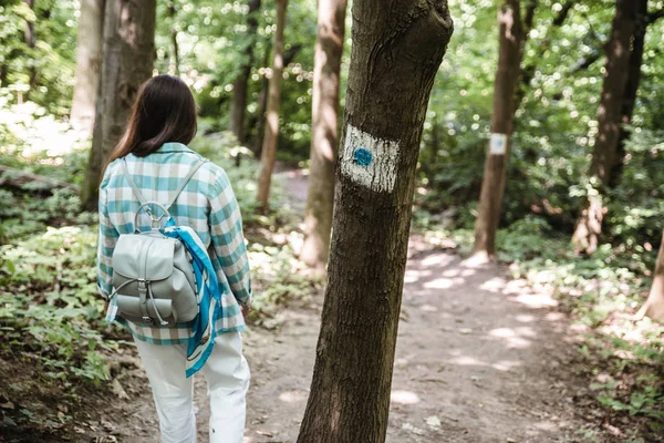 Donna Passeggiando Dal Parco Legno Vista Dietro — Foto Stock