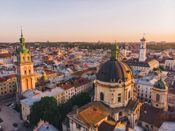 Aerial View Old European City Sunset Cityscape — Stock Photo, Image