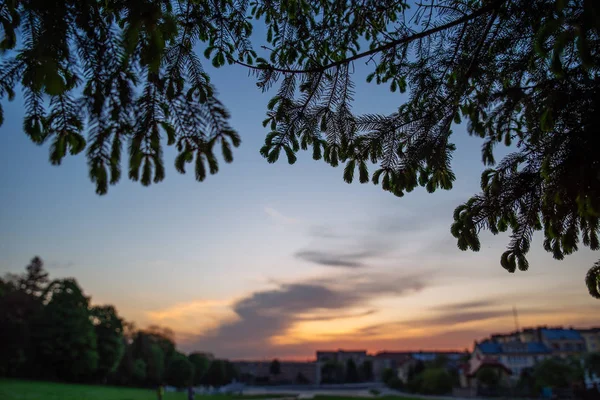 Narancsszínű Felhők Kék Sunset Másolja Hely Háttérben Város — Stock Fotó