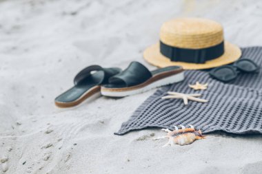 Yaz konsepti. kum plaj şeyler. kopya alanı