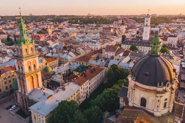 Aerial View Old European City Sunset Cityscape — Stock Photo, Image