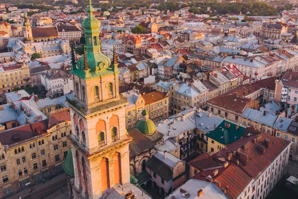 Aerial View Old European City Sunset Cityscape — Stock Photo, Image