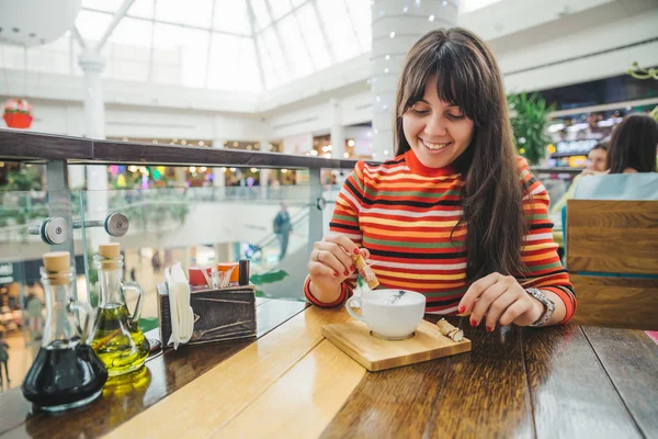 Young Adult Woman Eating Cheese Cream Soup Mall Cafe — Stock Photo, Image
