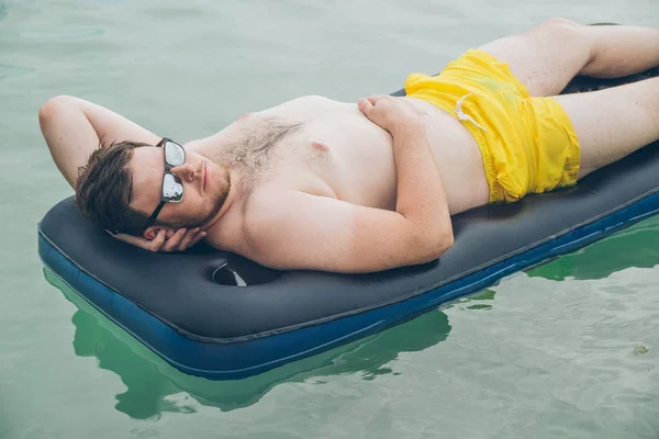Man Swimming Mattress Sea Summer Time Concept — Stock Photo, Image