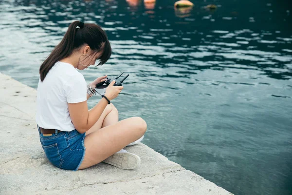 Young Adult Woman Sitting Pier Beautiful View Sea Mountains Drone — Stock Photo, Image