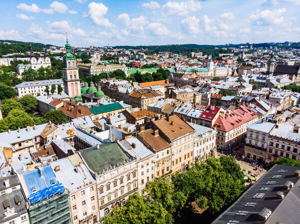 aerial view of old european city in summer time. lviv ukraine