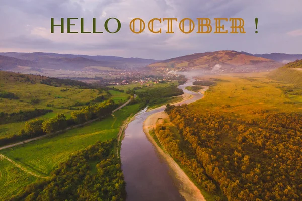 Hello October Text Landscape Green Side Yellow Side River Middle — Stock Photo, Image