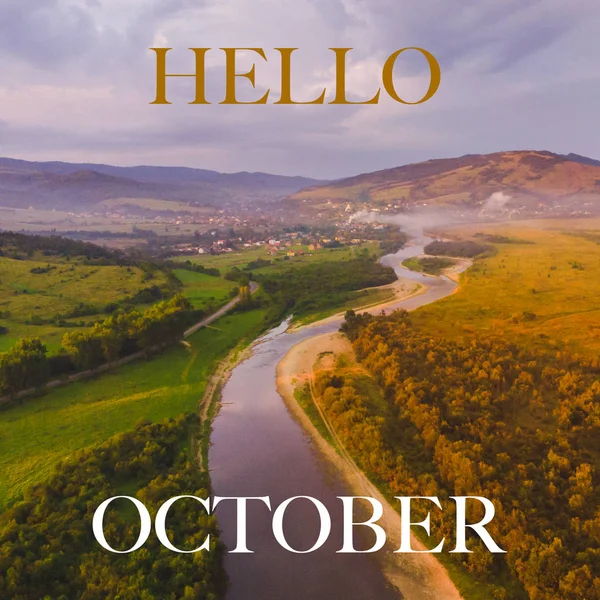 Hello October Text Landscape Green Side Yellow Side River Middle — Stock Photo, Image