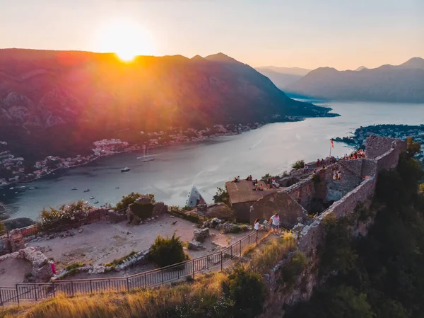 Vista Aérea Bahía Kotor Con Ciudad Kotor Puesta Del Sol —  Fotos de Stock