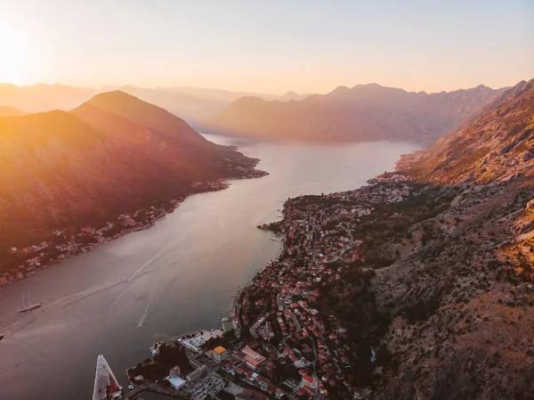 Vista Aérea Bahía Kotor Con Ciudad Kotor Puesta Del Sol —  Fotos de Stock