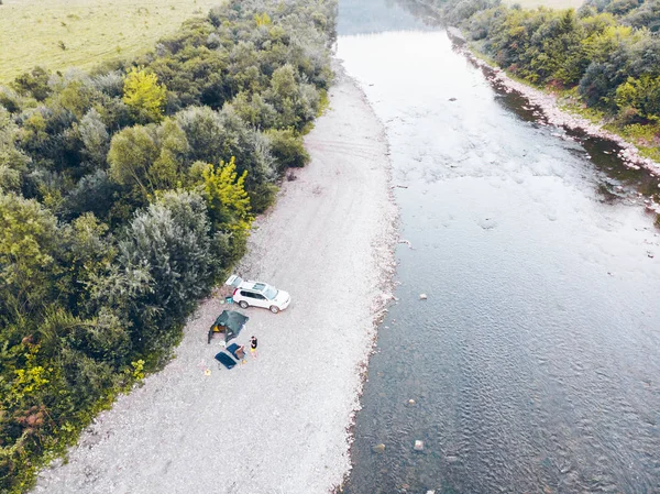 Vue Aérienne Camping Car Près Rivière Montagne — Photo