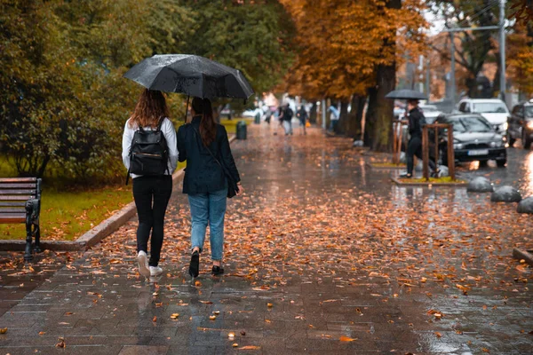 Dos Mujeres Caminando Bajo Paraguas Clima Húmedo Otoño Hojas Amarillas — Foto de Stock