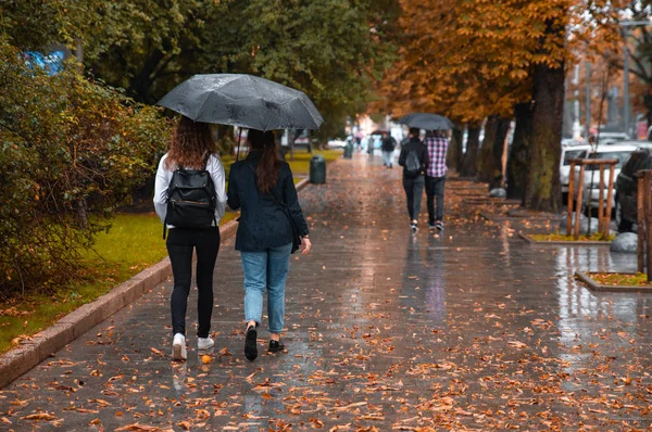 Two Woman Walking One Umbrella Wet Autumn Weather Yellow Leaves — Stock Photo, Image