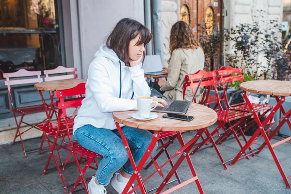 Two Woman Cafe Sitting Different Table Drinking Latte Working Laptop — Stock Photo, Image