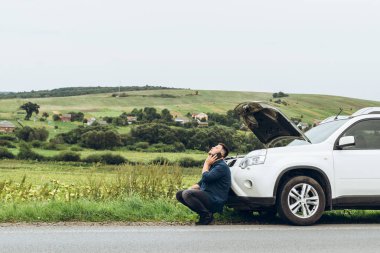 kırık arabanın yakınında telefon ile oturan adam yardım arıyor. Road trip sorunları