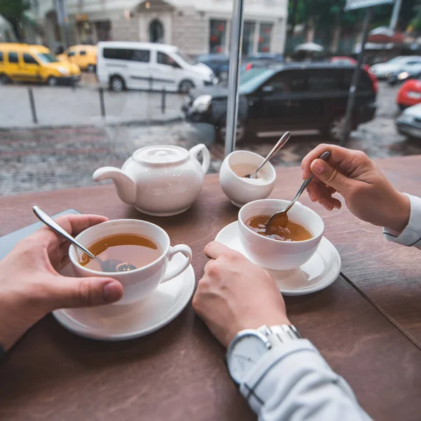 Couple Sitting Cafe Drinking Warm Tea Cold Autumn Day First — Stock Photo, Image