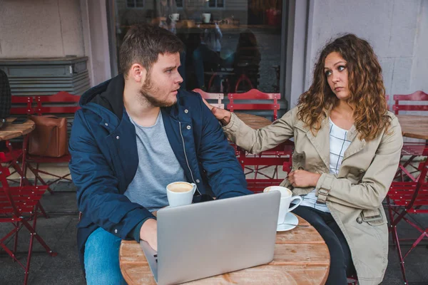 Couple Sitting Cafe Man Working Laptop Woman Boring Lifestyle Concept — Stock Photo, Image