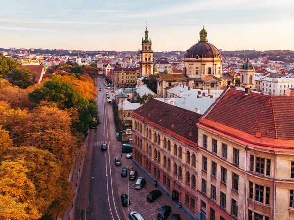 Aerial View Sunset European City Autumn — Stock Photo, Image