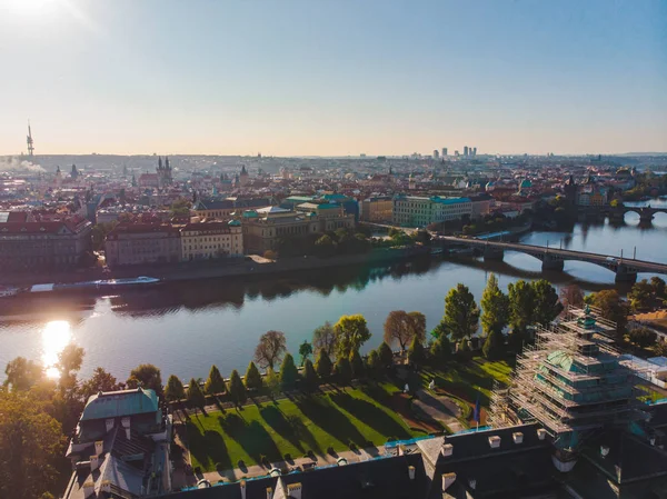 Vista Aérea Praga Outono Rio Vltava Manhã — Fotografia de Stock